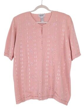 Koret vtg cardigan floral embroidered coquette cottagecore grandma pastel pink